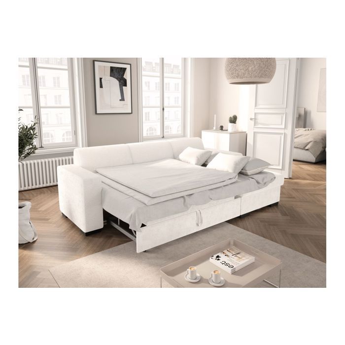 Canapé d'angle droit 4 places FUJI XL convertible avec coffre en tissu bouclette - Blanc - L262 x P157 x H83cm - LOUNGITUDE - Vue supplémentaire 2