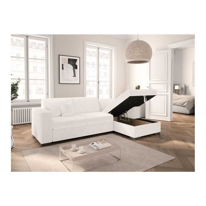 Canapé d'angle droit 4 places FUJI XL convertible avec coffre en tissu bouclette - Blanc - L262 x P157 x H83cm - LOUNGITUDE - Vue supplémentaire 3
