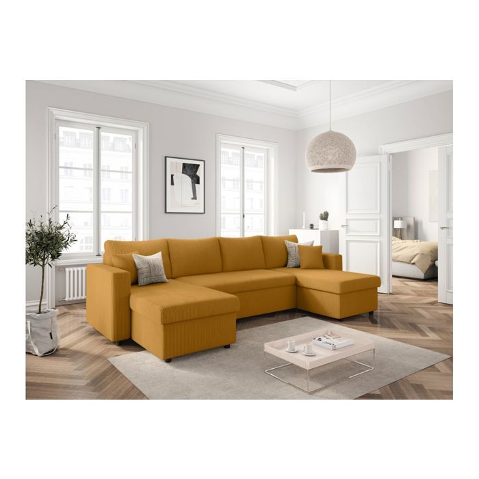Canapé panoramique 6 places MARIA convertible avec 2 coffres en velours côtelé - Jaune - L295 x P146 x H81cm - LOUNGITUDE