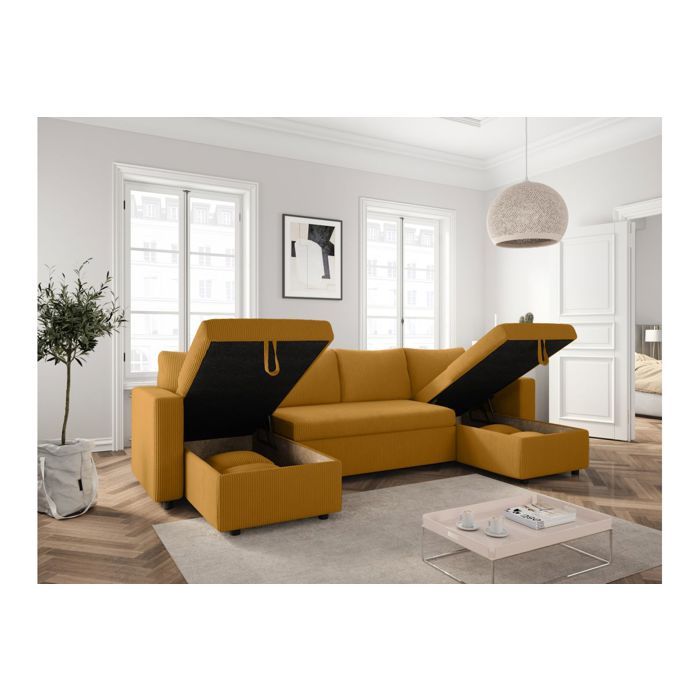 Canapé panoramique 6 places MARIA convertible avec 2 coffres en velours côtelé - Jaune - L295 x P146 x H81cm - LOUNGITUDE - Vue supplémentaire 2