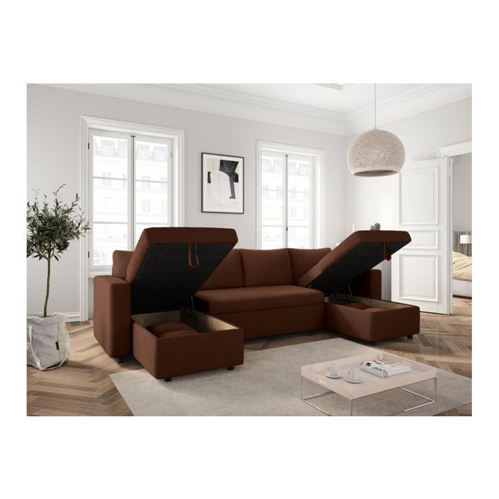 Canapé panoramique 6 places MARIA convertible avec 2 coffres en velours côtelé - Marron - L295 x P146 x H81cm - LOUNGITUDE - Vue supplémentaire 2