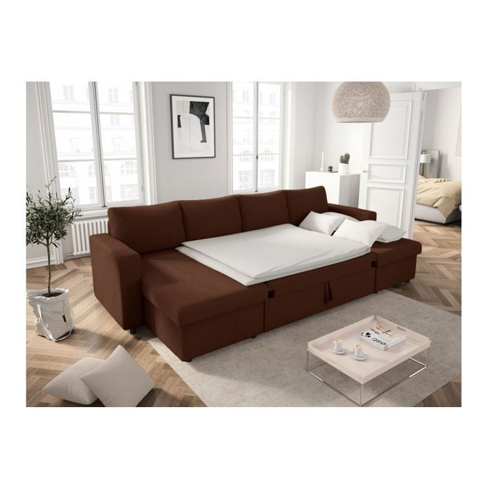 Canapé panoramique 6 places MARIA convertible avec 2 coffres en velours côtelé - Marron - L295 x P146 x H81cm - LOUNGITUDE - Vue supplémentaire 3