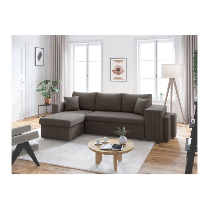 Canapé d'angle réversible convertible OSLO coffre 2 poufs à droite en velours côtelé gris foncé - L241 x P146 x H81cm - LOUNGITUDE
