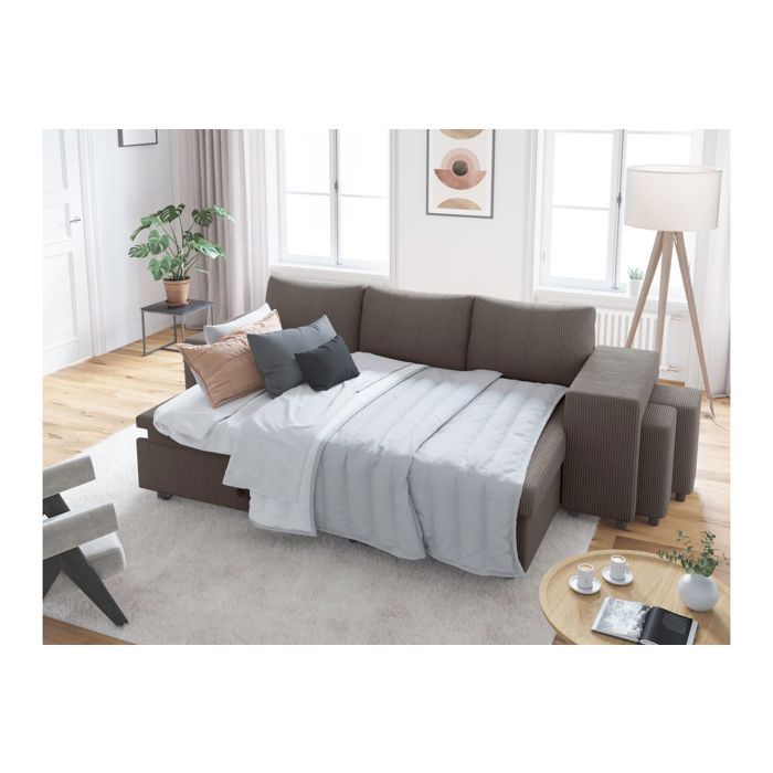 Canapé d'angle réversible convertible OSLO coffre 2 poufs à droite en velours côtelé gris foncé - L241 x P146 x H81cm - LOUNGITUDE - Vue supplémentaire 2
