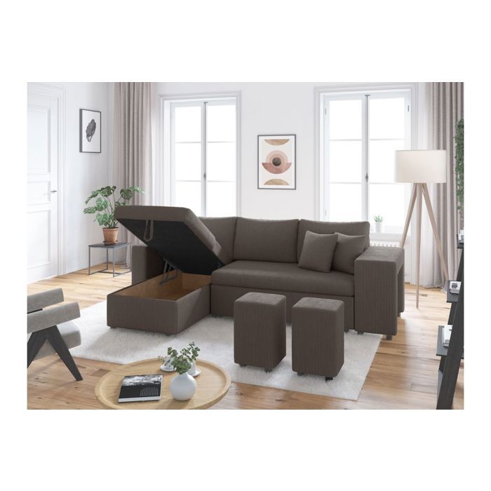 Canapé d'angle réversible convertible OSLO coffre 2 poufs à droite en velours côtelé gris foncé - L241 x P146 x H81cm - LOUNGITUDE - Vue supplémentaire 3