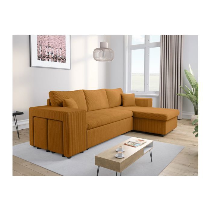 Canapé d'angle réversible MADY avec coffre, rangement poufs à gauche en velours côtelé - Jaune - L254 x P146 x H81cm - LOUNGITUDE