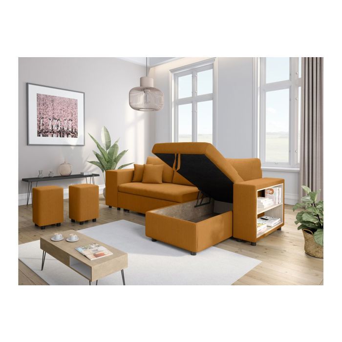 Canapé d'angle réversible MADY avec coffre, rangement poufs à gauche en velours côtelé - Jaune - L254 x P146 x H81cm - LOUNGITUDE - Vue supplémentaire 2