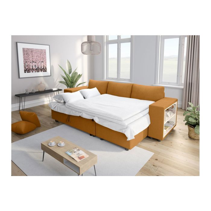 Canapé d'angle réversible MADY avec coffre, rangement poufs à gauche en velours côtelé - Jaune - L254 x P146 x H81cm - LOUNGITUDE - Vue supplémentaire 3