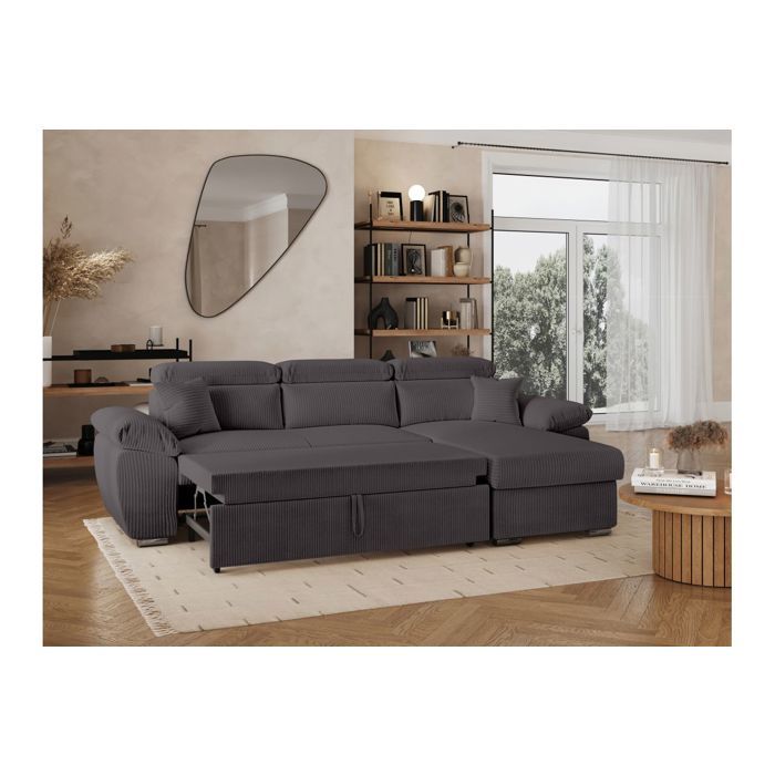 Canapé d'angle 4 places KOMECO reversible convertible avec coffre en velours côtelé - Gris - L265 x P166 x H91cm - LOUNGITUDE - Vue supplémentaire 3