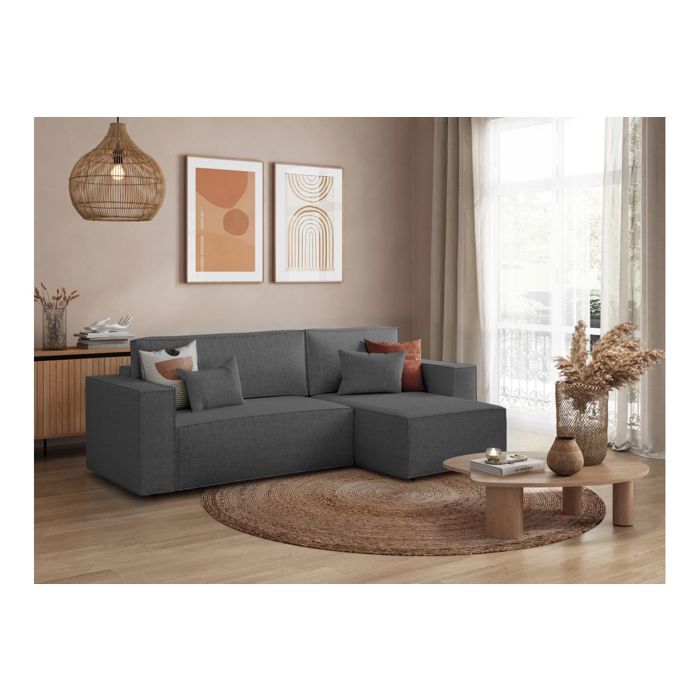 Canapé d'angle 3 places convertible réversible CLARISSE avec coffre en tissu texturé - Gris foncé - L269 x P159 x H89cm - LOUNGITUDE