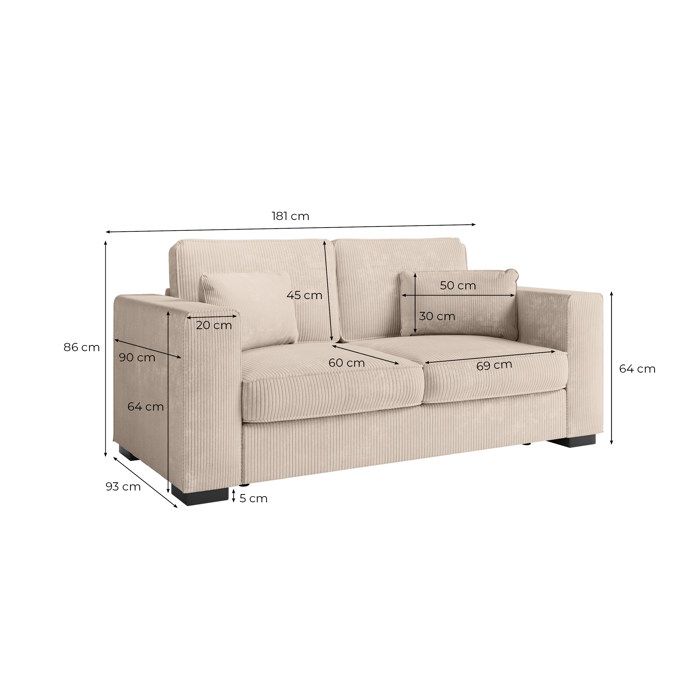 Canapé droit fixe 2 places BELAMI en velours côtelé - Beige - L181 x P93 x H86cm - LOUNGITUDE - Vue supplémentaire 2