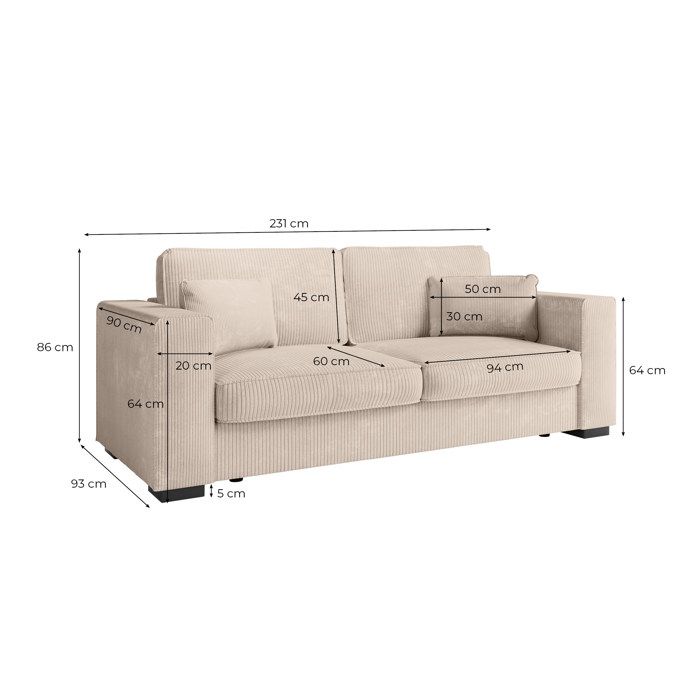 Canapé droit fixe 3 places BELAMI en velours côtelé - Taupe - L231 x P93 x H86cm - LOUNGITUDE - Vue supplémentaire 3