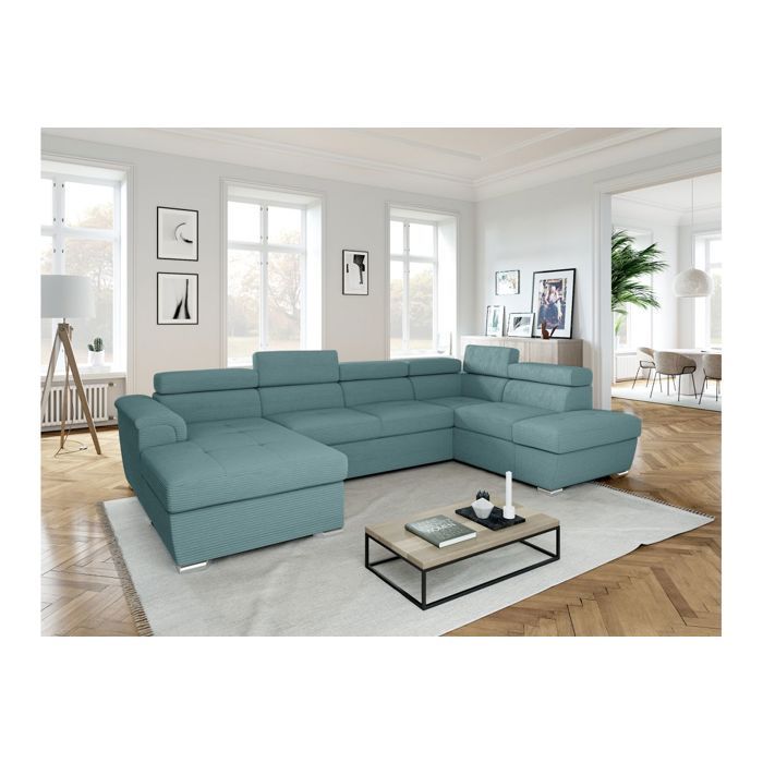 Produit similaire: Canapé panoramique 6 places PAOLA convertible avec 2 coffres en velours côtelé - Bleu clair - L320,5 x P188 x H76cm - LOUNGITUDE