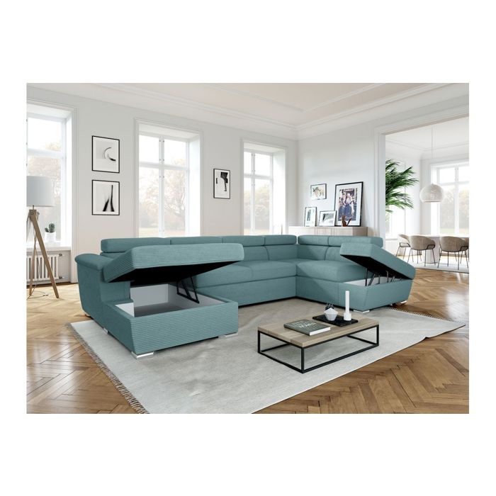Canapé panoramique 6 places PAOLA convertible avec 2 coffres en velours côtelé - Bleu clair - L320,5 x P188 x H76cm - LOUNGITUDE - Vue supplémentaire 2