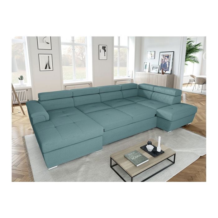 Canapé panoramique 6 places PAOLA convertible avec 2 coffres en velours côtelé - Bleu clair - L320,5 x P188 x H76cm - LOUNGITUDE - Vue supplémentaire 3
