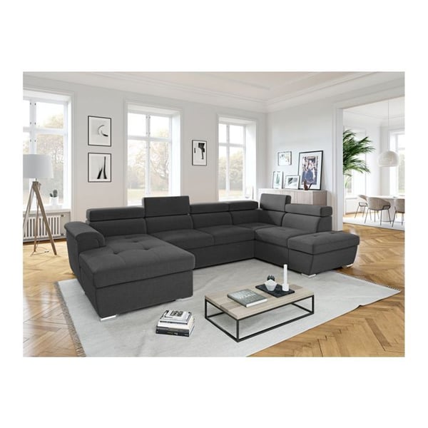 Canapé panoramique convertible avec 2 coffres PAOLA en tissu - Gris foncé - L320,5 x P188 x H76cm - LOUNGITUDE