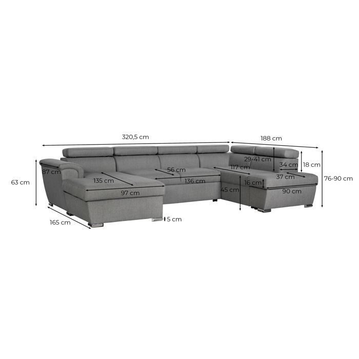 Canapé panoramique convertible avec 2 coffres PAOLA en tissu - Gris foncé - L320,5 x P188 x H76cm - LOUNGITUDE - Vue supplémentaire 3