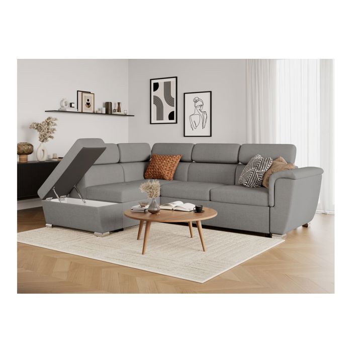 Canapé d'angle gauche convertible 4 places PAOLA avec coffre en tissu - Gris clair - L252 x P188 x H76cm - LOUNGITUDE - Vue supplémentaire 2