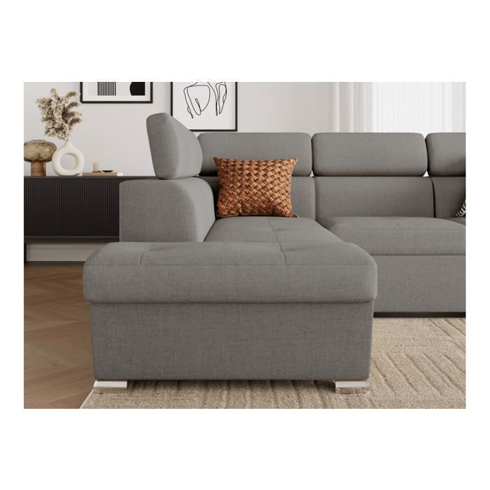 Canapé d'angle gauche convertible 4 places PAOLA avec coffre en tissu - Gris clair - L252 x P188 x H76cm - LOUNGITUDE - Vue supplémentaire 3