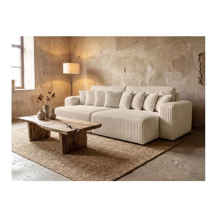 Canapé droit 4 places JADE double méridienne et assise profonde en velours côtelé épais - Beige