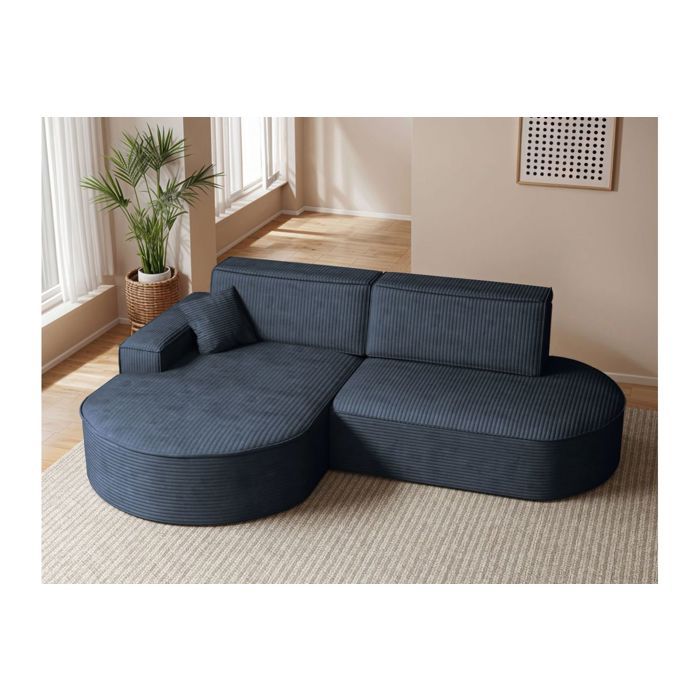 Canapé d'angle gauche convertible 4 places MARLO en velours cotelé - Bleu foncé