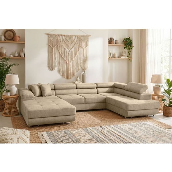 Flavio - Canapé panoramique convertible 6 places tissu beige