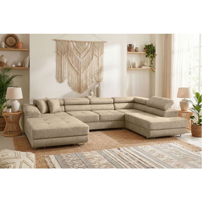 Canapé panoramique 6 places FLAVIO convertible avec 2 coffres en tissu - Beige