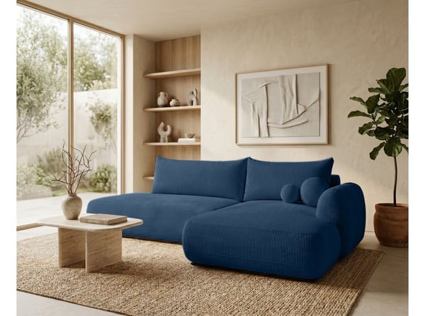 Fabio - Canapé d'angle convertible droit 5 places tissu texturé bleu