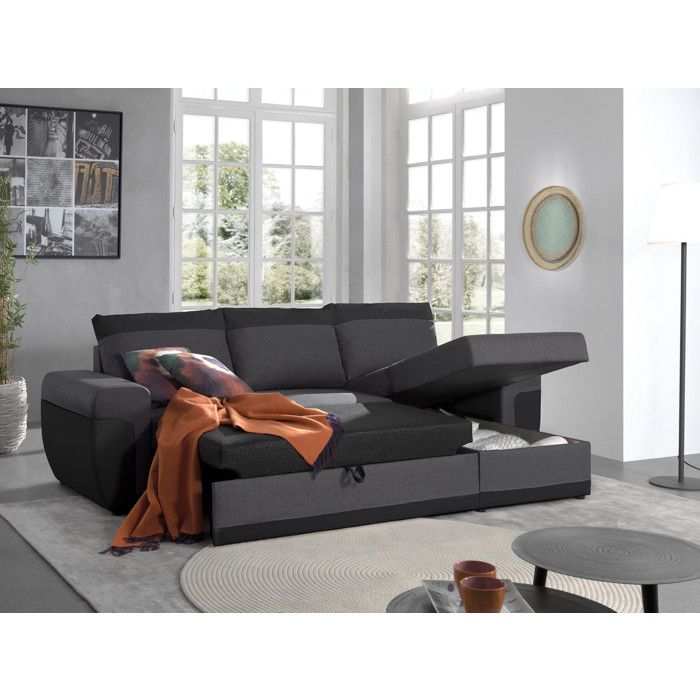 Canapé d'angle réversible convertible avec coffre en simili et tissu - Milan - BESTMOBILIER - Noir/Gris - Vue supplémentaire 2