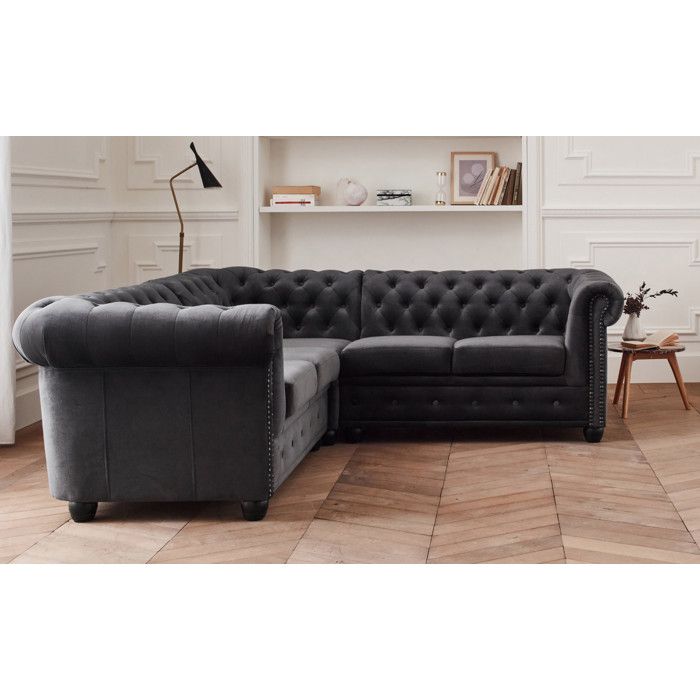 William - Canapé d'angle chesterfield 5 places velours gris - Vue supplémentaire 2