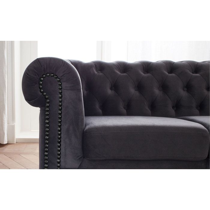 William - Canapé d'angle chesterfield 5 places velours gris - Vue supplémentaire 3