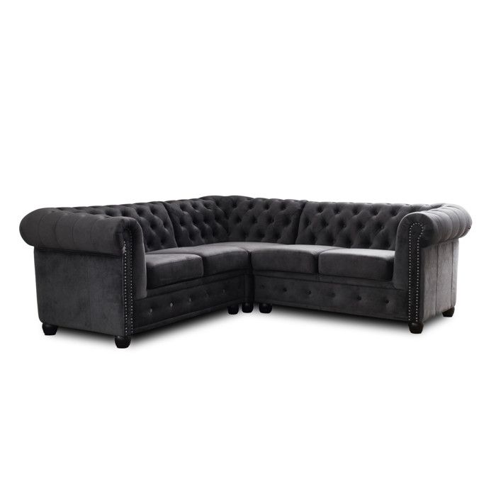 William - Canapé d'angle chesterfield 5 places velours gris - Vue supplémentaire 1