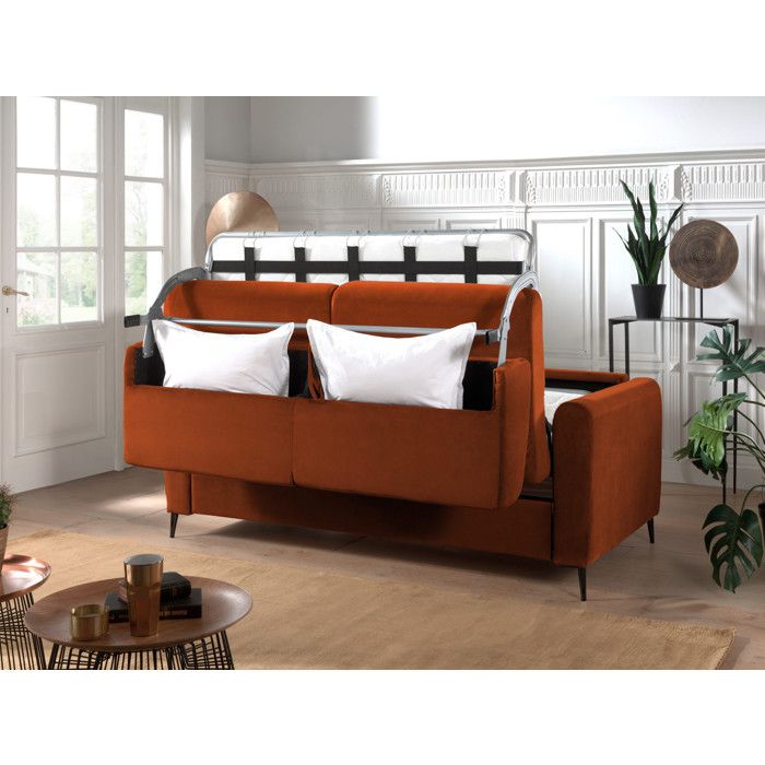 Owen - Canapé convertible 3 places velours orange - Vue supplémentaire 2