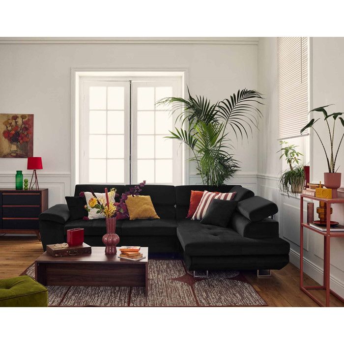 Produit similaire: Canapé d'angle droit 5 places convertible avec coffre et têtières réglables en velours noir - BESTMOBILIER