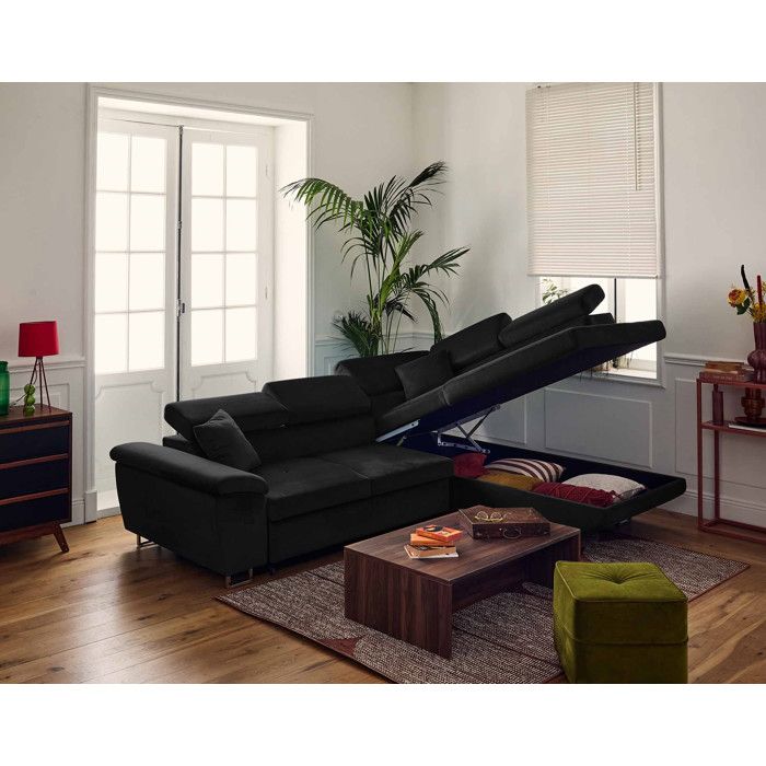 Canapé d'angle droit 5 places convertible avec coffre et têtières réglables en velours noir - BESTMOBILIER - Vue supplémentaire 1