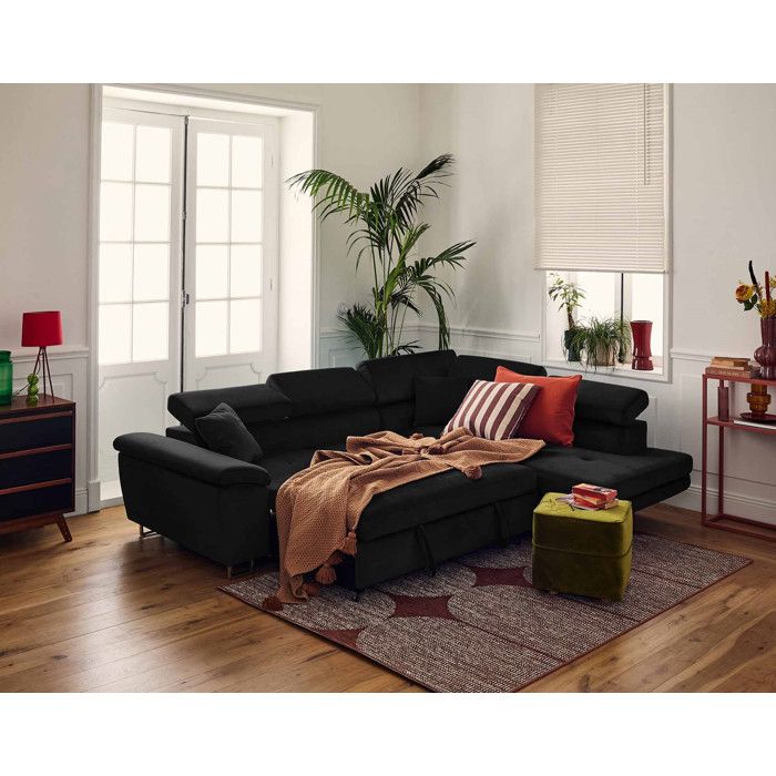 Canapé d'angle droit 5 places convertible avec coffre et têtières réglables en velours noir - BESTMOBILIER - Vue supplémentaire 2