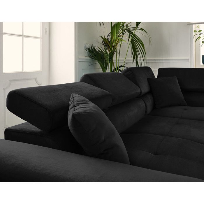 Canapé d'angle droit 5 places convertible avec coffre et têtières réglables en velours noir - BESTMOBILIER - Vue supplémentaire 3