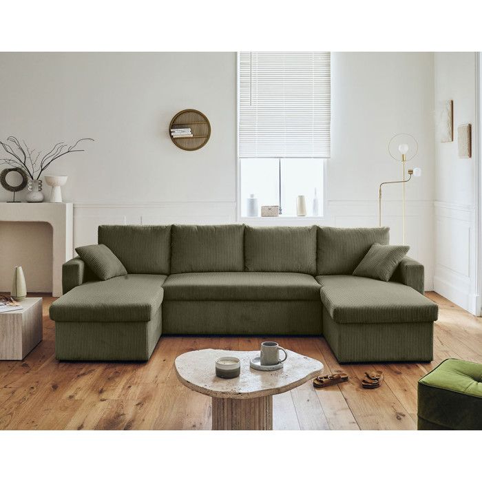 Canapé panoramique en U - BESTMOBILIER - Convertible avec coffre - Velours côtelé - Vert