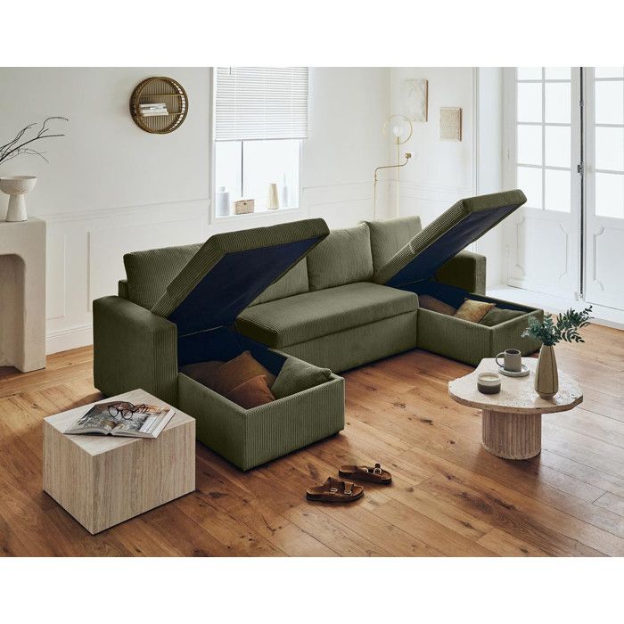 Canapé panoramique en U - BESTMOBILIER - Convertible avec coffre - Velours côtelé - Vert - Vue supplémentaire 2