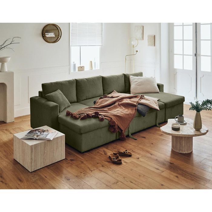 Canapé panoramique en U - BESTMOBILIER - Convertible avec coffre - Velours côtelé - Vert - Vue supplémentaire 3