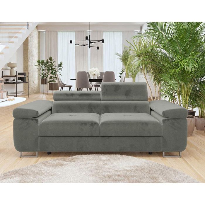 Canapé droit 2 places avec têtières ajustables en velours - Gris - BESTMOBILIER - Pablo