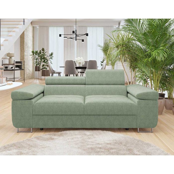 Canapé droit 2 places en velours côtelé vert sauge avec têtières ajustables - BESTMOBILIER