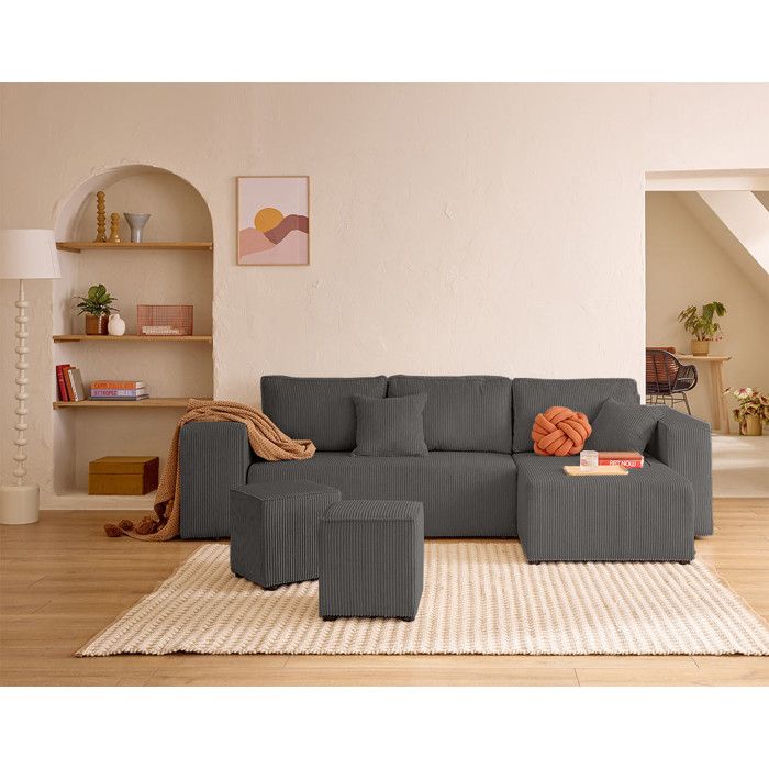 Produit similaire: Topaze - canapé d'angle réversible 4 places - convertible avec coffre, tablette et poufs - en velours côtelé - Gris
