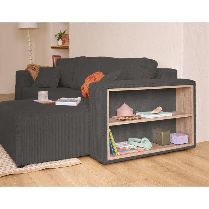 Topaze - canapé d'angle réversible 4 places - convertible avec coffre, tablette et poufs - en velours côtelé - Gris - Vue supplémentaire 2