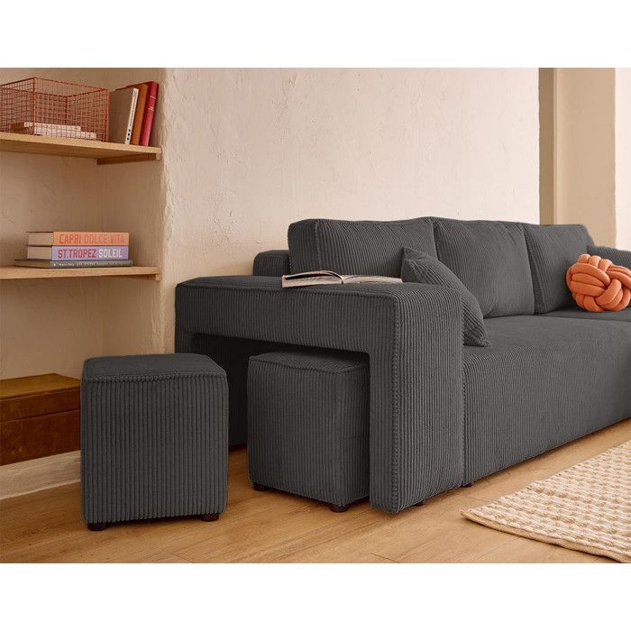 Topaze - canapé d'angle réversible 4 places - convertible avec coffre, tablette et poufs - en velours côtelé - Gris - Vue supplémentaire 3
