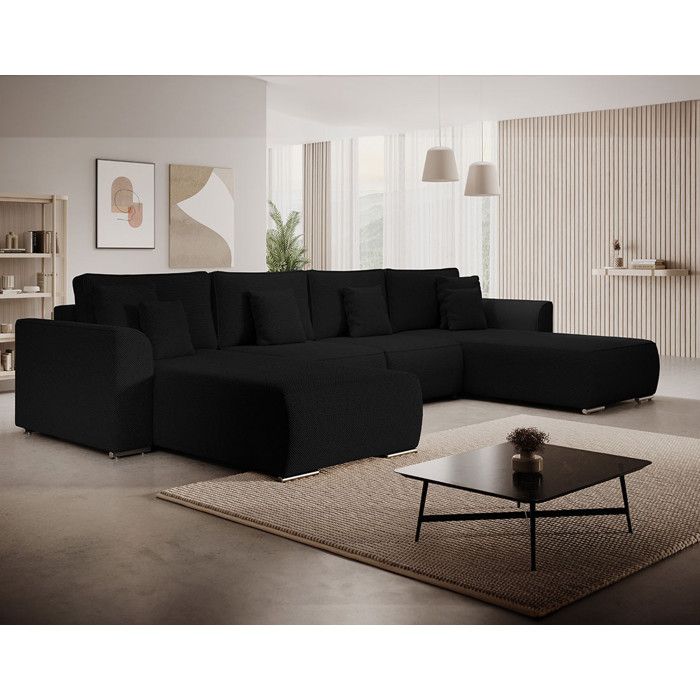 Gabriel - Canapé panoramique convertible 7 places tissu texturé noir - Vue supplémentaire 1