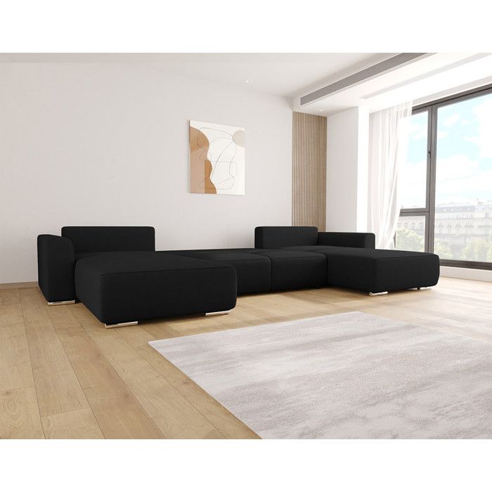 Gabriel - Canapé panoramique convertible 7 places tissu texturé noir - Vue supplémentaire 2