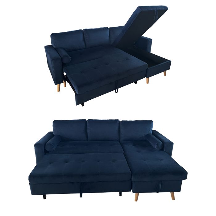 Canapé d'angle convertible JAMES 3 places en velours bleu - Vue supplémentaire 3