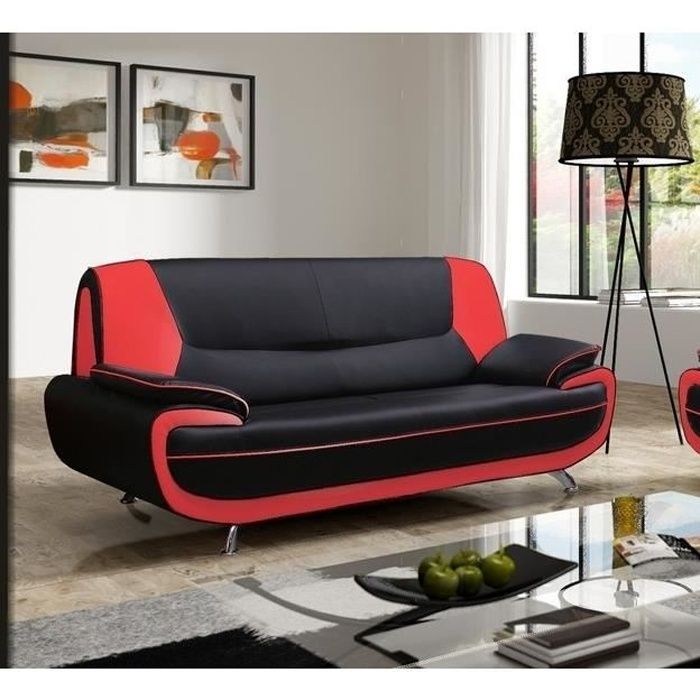 Canapé 3 Places - MUZA - Simili Cuir - Noir et Rouge - Design Contemporain - Fixe
