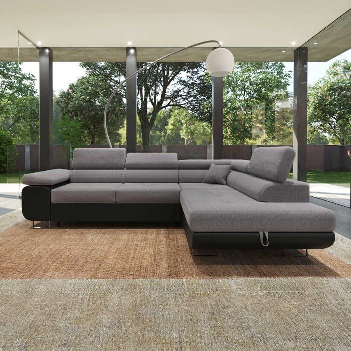 Aubin - Canapé d'angle convertible droit 6 places tissu gris - Vue supplémentaire 2